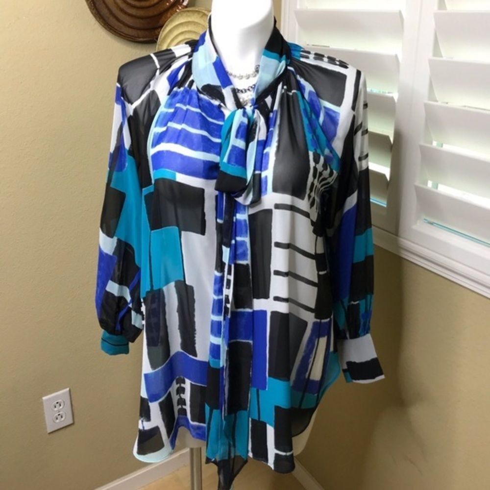 Lane bryant blue and black color block Tie Neck‎ semi Sheer Button front Blouse